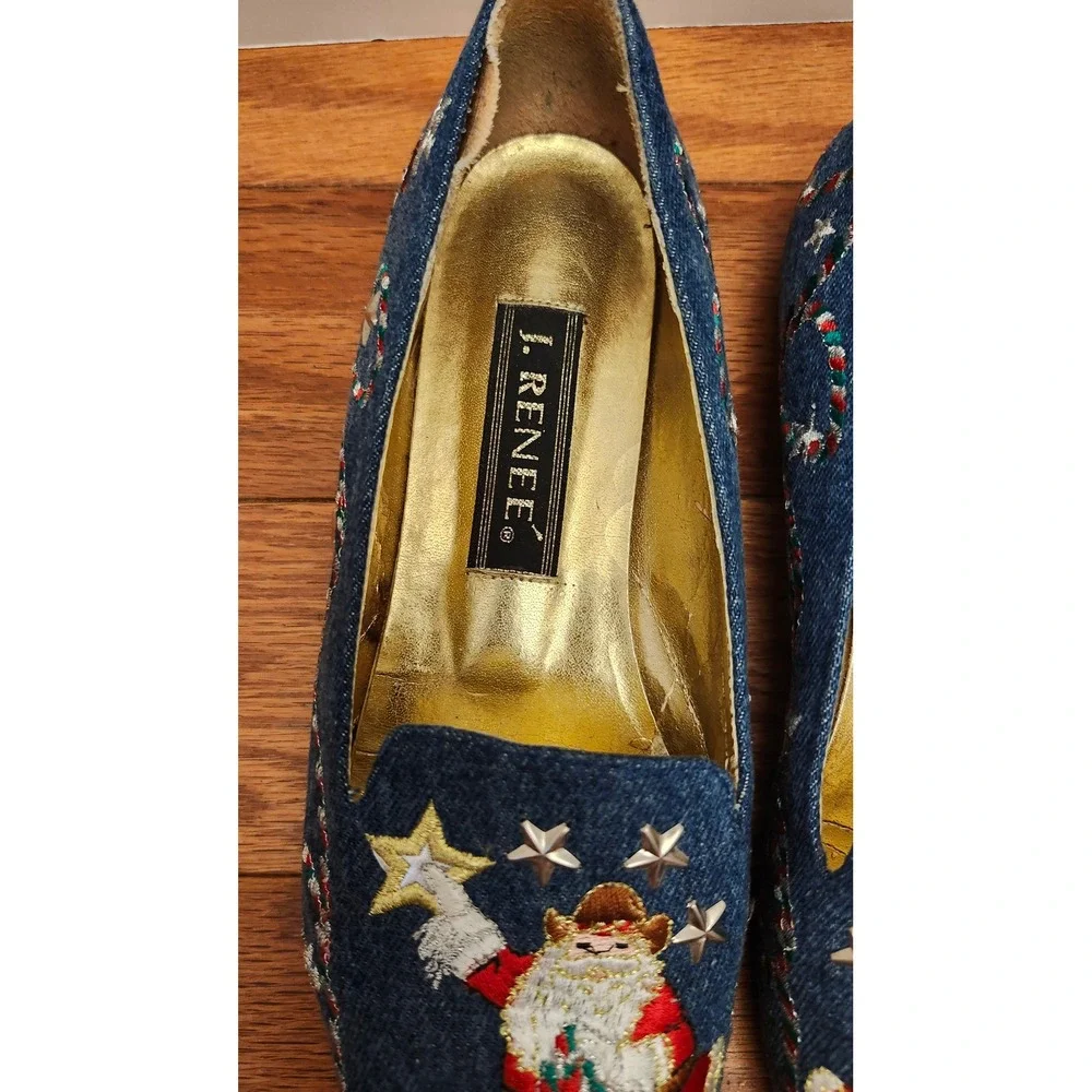 J Renee Santa Holiday Ballet Flats Women's 7 M‎ Blue Embroidered Slip On Vintage